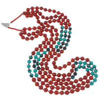 corail naturel collier, avec turquoise & corde en nylon, laiton Fermoir ronds à ressort, Rond, 3 brins, rouge, 6-7mm, Vendu par Environ 22 pouce brin