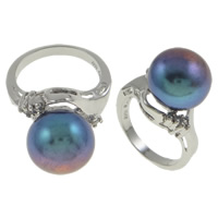 Freshwater Pearl fingerring, Ferskvandsperle, med Rhinestone & 925 Sterling Sølv, mørklilla, 21x31x12.50mm, Hole:Ca. 16-18mm, Størrelse:5, Solgt af PC