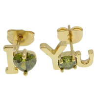 Gets® sieraden Earring, Messing, Word ik hou van je, 18K vergulde, met zirkonia, nikkel, lood en cadmium vrij, 9.5mm, Verkocht door pair