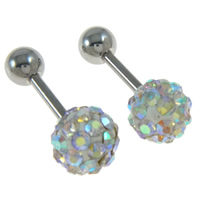 Roestvrij staal oorpiercings, met Rhinestone Clay Pave Bead, Ronde, met 32 ​​stuks strass & verschillende grootte voor keus, oorspronkelijke kleur, Verkocht door pair