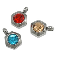 Rustfrit stål smykker Vedhæng, Stainless Steel, Hexagon, med rhinestone, flere farver til valg, 7x9x4mm, Hole:Ca. 2mm, 200pc'er/Lot, Solgt af Lot