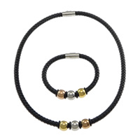 Conjunto de joyas de PU, pulsera & collar, Cuero de PU, con silicona & acero inoxidable, chapado, Negro, 9x12mm, 6mm, 18x8mm, 9x12mm, 6mm, 18x8mm, longitud aproximado 19 Inch, aproximado 8 Inch, 5Setsset/Grupo, Vendido por Grupo