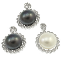 Freshwater Pearl Vedhæng, 925 Sterling Sølv, med perle, Flower, naturlig, Micro Pave cubic zirconia, flere farver til valg, 11-12mm, 16.5x26x11mm, Hole:Ca. 3mm, Solgt af PC