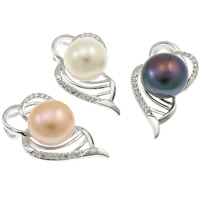 Freshwater Pearl Vedhæng, 925 Sterling Sølv, med perle, Flower, naturlig, Micro Pave cubic zirconia, flere farver til valg, 11-12mm, 16x27x10mm, Hole:Ca. 2mm, Solgt af PC