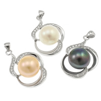 Freshwater Pearl Vedhæng, 925 Sterling Sølv, med perle, Flower, naturlig, Micro Pave cubic zirconia, flere farver til valg, 11-12mm, 18x30x10mm, Hole:Ca. 2.5mm, Solgt af PC