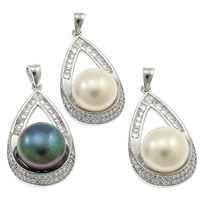 Freshwater Pearl Vedhæng, 925 Sterling Sølv, med perle, Teardrop, naturlig, Micro Pave cubic zirconia, flere farver til valg, 11-12mm, 16x33x10mm, Hole:Ca. 3x4mm, Solgt af PC