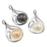 Pendants Péarla Fionnuisce, 925 Sterling Silver, le Pearl, Teardrop, nádúrtha, micrea réiteach zirconia ciúbach, dathanna níos mó le haghaidh rogha, 11-12mm, 17x28.5x10mm, Poll:Thart 4x4.5mm, Díolta De réir PC