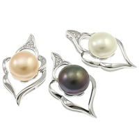 Pendants Péarla Fionnuisce, 925 Sterling Silver, le Pearl, Leaf, nádúrtha, micrea réiteach zirconia ciúbach, dathanna níos mó le haghaidh rogha, 11-12mm, 16x30.5x10.5mm, Poll:Thart 2.5x7mm, Díolta De réir PC