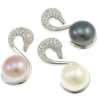 Freshwater Pearl Vedhæng, 925 Sterling Sølv, med perle, Swan, naturlig, Micro Pave cubic zirconia, flere farver til valg, 11-12mm, 12.5x27x10mm, Hole:Ca. 2x4mm, Solgt af PC