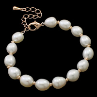 Fionnuisce saothraithe Pearl Bracelet, Pearl Fionnuisce, práis clasp gliomach, le 5.5cm slabhra extender, Rís, nádúrtha, bán, 7-8mm, Díolta Per Thart 7.5 Inse Snáithe