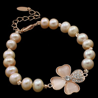 Freshwater Kulturperler Pearl Bracelet, Ferskvandsperle, med Cats Eye, messing karabinlås, med 6cm extender kæde, Four Leaf Clover, naturlig, med rhinestone, hvid, 7-8mm, 21x26x4.5mm, Solgt Per Ca. 7.5 inch Strand