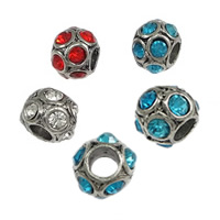 Perles European en laiton, rondelle, Plaqué de couleur d'argent, sans filetage & avec strass, plus de couleurs à choisir, protéger l'environnement, sans nickel, plomb et cadmium, 8.50x10mm, Trou:Environ 4.5mm, 100PC/lot, Vendu par lot