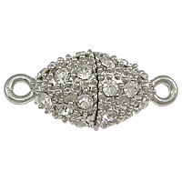 Prás Clasp maighnéadach, Oval, dath platanam plátáilte, le rhinestone & singil-snáithe, nicil, luaidhe & caidmiam saor in aisce, 23x10mm, Poll:Thart 2mm, 100ríomhairí pearsanta/Lot, Díolta De réir Lot