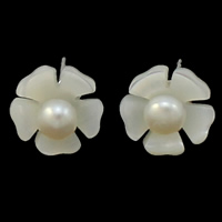 Sötvatten Shell Stud Earring, med Freshwater Pearl, mässing örhänge inlägg, Blomma, naturlig, vit, 10x15mm, 10Pairs/Bag, Säljs av Bag