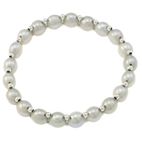 Fionnuisce saothraithe Pearl Bracelet, Pearl Fionnuisce, le Prás, Button, nádúrtha, liath, 8mm, Fad Thart 7 Inse, 10Snáitheanna/Mála, Díolta De réir Mála