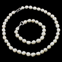 Pearl Fionnuisce Socraigh Jewelry, bracelet & muince, práis clasp foldover, Bharócach, nádúrtha, bán, 10-11mm, Fad Thart 8 Inse, Thart 18 Inse, Díolta De réir Socraigh