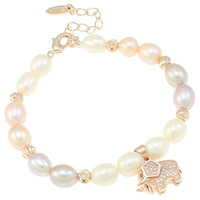 Fionnuisce saothraithe Pearl Bracelet, Pearl Fionnuisce, práis clasp gliomach, le 5.8cm slabhra extender, Eilifint, nádúrtha, micrea réiteach zirconia ciúbach, il-daite, 7-8mm, 16x18x8mm, Díolta Per Thart 7.5 Inse Snáithe