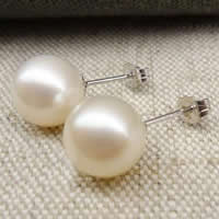 Freshwater Pearl Stud Earring, med Mässing, Rund, naturlig, vit, 9-9.5mm, Säljs av Par