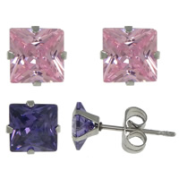 Stainless Steel Stud Øreringe, Square, med cubic zirconia, flere farver til valg, 5x5x4mm, 100par/Lot, Solgt af Lot