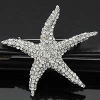 Rhinestone Dealg, Sinc Alloy, Starfish, dath platanam plátáilte, le rhinestone, nicil, luaidhe & caidmiam saor in aisce, 55x55mm, 10ríomhairí pearsanta/Mála, Díolta De réir Mála