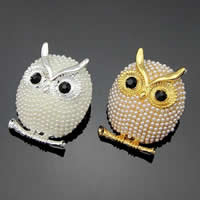 Glas perle broche, Zinc Alloy, med Glass Pearl, Owl, forgyldt, med rhinestone, blandede farver, nikkel, bly & cadmium fri, 45mm, 10pc'er/Bag, Solgt af Bag