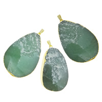 Green Quartz Pendel, med messing kaution, Teardrop, guldfarve belagt, 28x54x13mm-32x58x13mm, Hole:Ca. 2x6mm, 10pc'er/Lot, Solgt af Lot