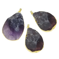 Amethyst Anhänger, mit Messing Stiftöse, Tropfen, goldfarben plattiert, Februar Birthstone, 26.5x47x10mm-30x55x14mm, Bohrung:ca. 2x6mm, 10PCs/Menge, verkauft von Menge