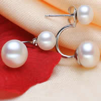 Double tabhairt aghaidh Graí Earring, Pearl Fionnuisce, práis iar earring, Button, nádúrtha, bán, 9-10mm, Díolta De réir Péire