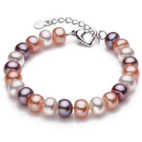 Sötvatten odlade Pearl Bracelet, Freshwater Pearl, mässing Karbinlås, med 5cm extender kedja, Knapp, naturlig, flerfärgad, 9-10mm, Såld Per Ca 7 inch Strand