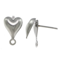 Stainless Steel Øreringe Indlæg, Heart, med loop, oprindelige farve, 8x13x15.5mm, 0.8mm, Hole:Ca. 1.3mm, 300par/Lot, Solgt af Lot