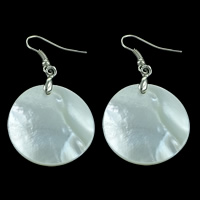 White Shell Droppörhänge, mässing örhänge krok, Flat Round, platina pläterad, nickel, bly och kadmium gratis, 25x30x3mm, 44mm, 10Pairs/Lot, Säljs av Lot