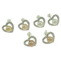 Messing Stud ørering, med plast earnut & perle, Heart, platin farve forgyldt, med rhinestone, flere farver til valg, nikkel, bly & cadmium fri, 5-6mm, 12x10mm, Solgt af par