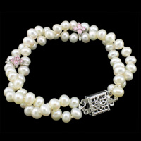 Sötvatten odlade Pearl Bracelet, Freshwater Pearl, mässing låda spänne, Potatis, naturlig, med cubic zirconia & 2-tråd, vit, 5-6mm, 14x9x5mm, 11x7x8mm, Såld Per Ca 7.5 inch Strand