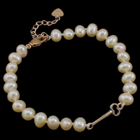 Fionnuisce saothraithe Pearl Bracelet, Pearl Fionnuisce, le Prás, le 3.5cm slabhra extender, Prátaí, nádúrtha, bán, 5-6mm, 19x6x1.5mm, Díolta Per Thart 7.5 Inse Snáithe