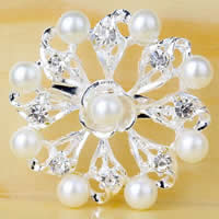 Plastica perla spilla, lega in zinco, with ABS plastica, Fiore, placcato color argento, imitazione perla & con strass, bianco, assenza di nichel,piombo&cadmio, 40x40mm, 10PC/lotto, Venduto da lotto