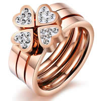 Cubic Zirkonia Stainless Steel Finger Ring Set, Roestvrij staal, Four Leaf Clover, rose goud plated, verschillende grootte voor keus & met zirkonia, 7-6mm, 5sets/Bag, Verkocht door Bag