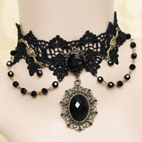 Gothic Ketting, Kant, met Satijnen lint & Kristal & Hars & Zinc Alloy, met 2.5Inch extender keten, Bloem, antiek brons plated, gefacetteerde, zwart, nikkel, lood en cadmium vrij, 44mm, Per verkocht Ca 12 inch Strand