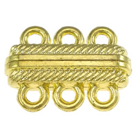 Brass Magnetic Kapcsos, Sárgaréz, Téglalap, arany színű aranyozott, 3-strand, nikkel, ólom és kadmium mentes, 23x16x7mm, Lyuk:Kb 2mm, 100PC-k/Lot, Által értékesített Lot