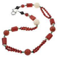 Coral κολιέ, Φυσικό Coral, με Συνθετικό Coral & Μαύρο Agate & Χάντρες από γυαλί Seed & Κράμα ψευδάργυρου, ορείχαλκος την άνοιξη του δακτυλίου καρφίτσα, πολύπλευρη, πολύχρωμα, 18mm, 16mm, 13x16mm, Sold Per Περίπου 20 inch Strand