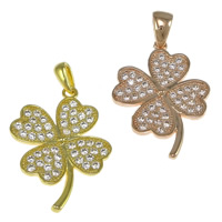 Messing hanger met micro-paved kubieke zirconia's, Four Leaf Clover, plated, micro pave zirconia, meer kleuren voor de keuze, nikkel, lood en cadmium vrij, 18x25x2mm, Gat:Ca 2x4mm, 20pC's/Lot, Verkocht door Lot