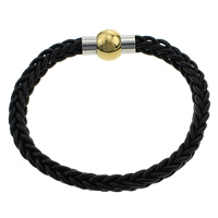 Bracelet de cuir de vachette, cuir de peau de vache, acier inoxydable fermoir magnétique, Placage, noire, 6mm, 20x12mm, Longueur Environ 8 pouce, 10Strandstoron/lot, Vendu par lot