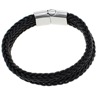 Los hombres de la pulsera y del brazalete, Cuero de vaca, acero inoxidable cierre magnético, 2-sarta, Negro, 29x15mm, 6mm, longitud aproximado 8.5 Inch, 5Strandsfilamento/Grupo, Vendido por Grupo