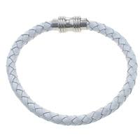 Bracelet de cuir de vachette, cuir de peau de vache, acier inoxydable fermoir magnétique, blanc, 20x12mm, 6mm, Longueur Environ 8.5 pouce, 20Strandstoron/lot, Vendu par lot