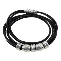 Bracelet homme, cuir de peau de vache, avec acier inoxydable, 2 fils, noire, 18x8mm, 6x10mm, 10x10mm, Longueur Environ 21 pouce, 10Strandstoron/lot, Vendu par lot