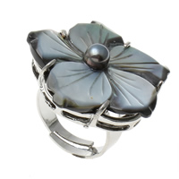 Shell Finger Rings Brass with Black Shell Flower platinum color plated adjustable nickel lead & cadmium free Approx 1mm US Ring Sold By Bag