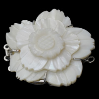 Shell Box Lås, Messing, med White Shell, Flower, platin farve forgyldt, 3-streng, nikkel, bly & cadmium fri, 49x45x12mm, Hole:Ca. 2.5mm, 10pc'er/Bag, Solgt af Bag