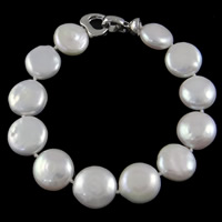 Pulseira de pérola cultivada da água doce , Pérolas de água doce, Bronze Dobra sobre fecho, Moeda, naturais, branco, Grade AAA, 13-14mm, vendido para Aprox 6.5 inchaltura Strand