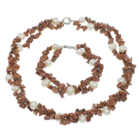 Přírodní Kultivované Sladkovodní Pearl šperky Soupravy, náramek & náhrdelník, s Goldstone, mosaz jarní prsten spona, 2-pramenné, 10-11mm, 2.5-9mm, Délka Cca 8.5 inch, Cca 19.5 inch, Prodáno By nastavit