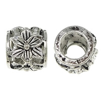 Messing stort hul vulst, Kolonne, platin farve forgyldt, med blomstermønster & sværte, flere farver til valg, nikkel, bly & cadmium fri, 10x11mm, Hole:Ca. 6mm, 300pc'er/Lot, Solgt af Lot