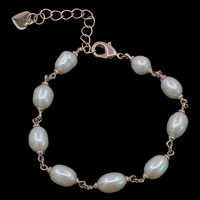 Freshwater Kulturperler Pearl Bracelet, Ferskvandsperle, med Messing, med 6.5cm extender kæde, Ris, naturlig, hvid, 7-9mm, Solgt Per Ca. 7.5 inch Strand